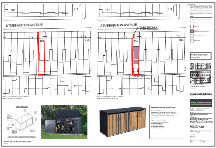 Stubbington Avenue — existing and proposed block plans with bin and bike storage